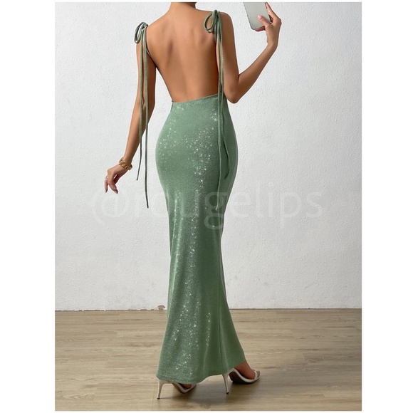 Rouge! Dresses & Skirts - Glitter Lurex Mint Green Cowl Neck Backless Tie Straps Maxi Long Dress